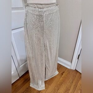 Champagne slip on sequin wide leg slacks